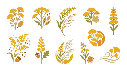 Collection of stylized autumn floral and botanical elements in warm yellow and brown tones. © tr