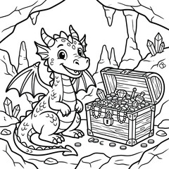 Cute baby dragon sitting with treasure chest in crystal cave during nighttime vector illustration © Joynul
