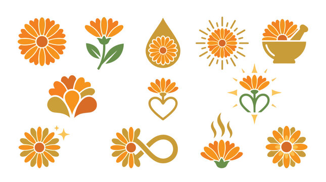Collection of stylized calendula flower icons and symbols in warm orange and gold tones.
