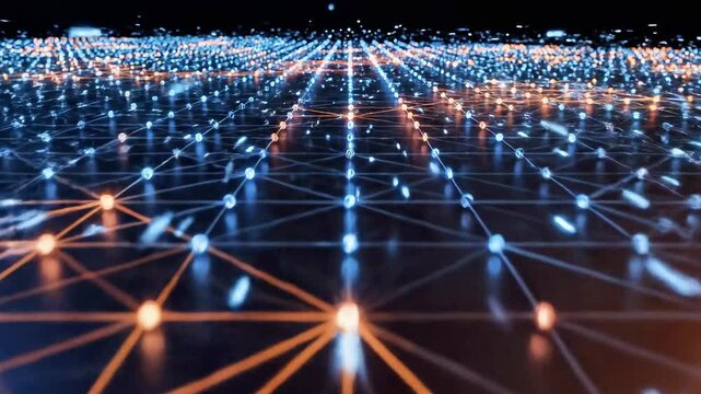 A network of glowing blue and orange lines and nodes on a dark background