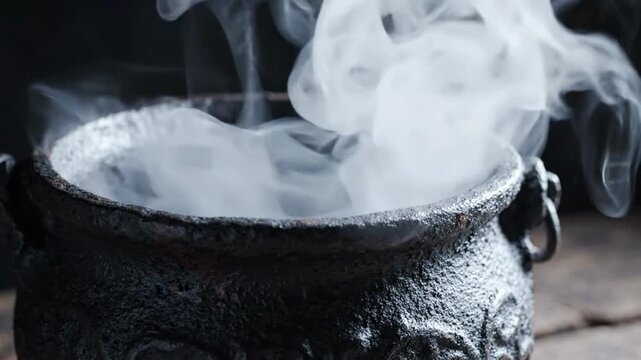 Closeup of a steaming black cast iron cauldron with textured surface on wooden table
