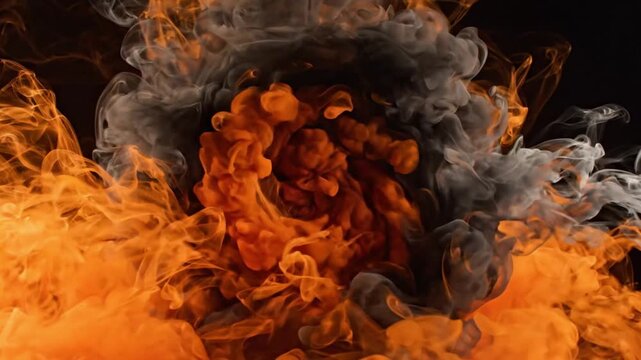 Abstract fiery smoke with orange and black colors swirling in a dynamic pattern