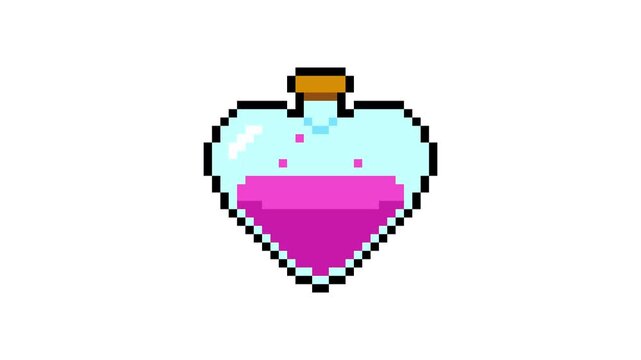 8-bit pixel art game pink heart potion. looped animation 4k 30fps