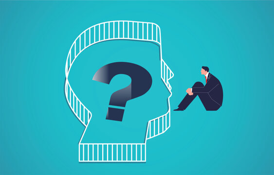 Searching for solutions, self-doubt and uncertainty, mental illness or mental health. A businessman curls up next to the fence, hugging his legs