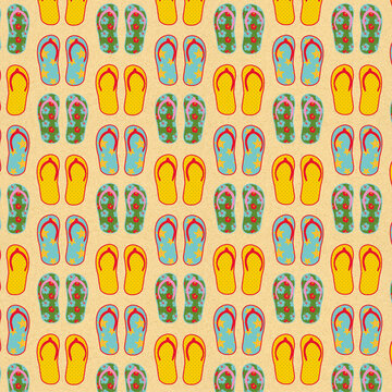 Fun seamless flip flop sandal pattern with floral and beach designs. Perfect for summer fabric, vacation decor, wrapping paper, scrapbook paper and tropical backgrounds.