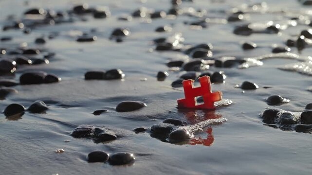 Social media symbol rests on wet shoreline suggesting digital influence