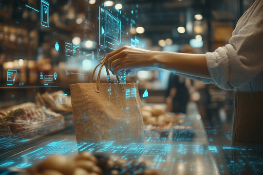 Digital Integration in Retail customer places goods into paper bag in brightly lit store, overlaid with futuristic holographic interfaces.