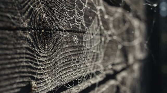 Closeup of a spider web on weathered wooden planks with dew drops and intricate pattern
