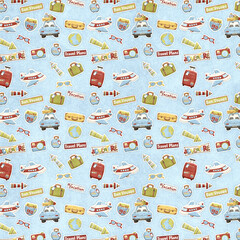 Vintage travel pattern on a soft blue textured background featuring luggage, airplanes, maps and adventure icons. Great for travel fabric, paper crafts and tourism themes. © MedReda