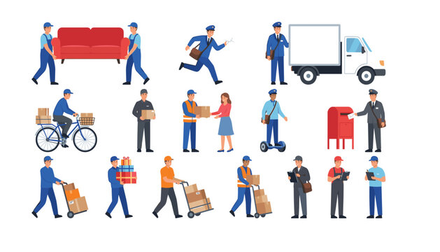 Delivery workers service set with couriers postmen and movers carrying packages moving furniture driving truck and riding bicycle vector illustration
