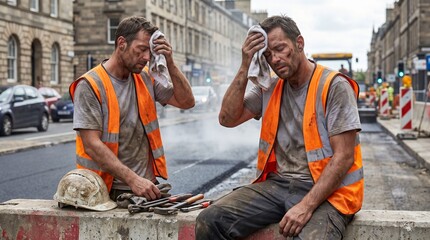 Obraz premium Construction workers wipe sweat from their brows while taking a break near a busy road repair site during an extremely hot summer day.