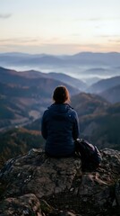 Fototapeta premium Woman with long reddish-brown hair wearing dark blue jacket sitting on rocky outcrop overlooking misty mountain valley at sunrise, contemplative travel and hiking concept.