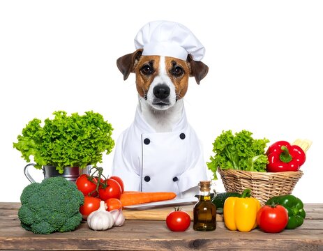 A dog in a chef's hat and coat sits amidst fresh vegetables on a wooden table