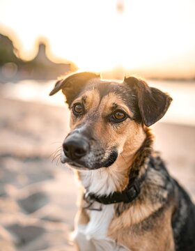 A dog with a black nose and floppy ears sits on a sandy beach at sunset