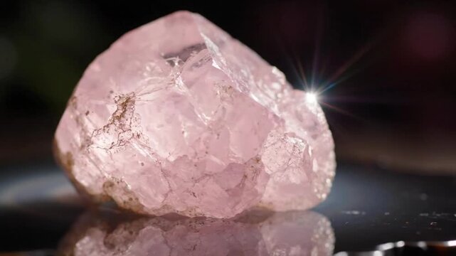 Closeup of a pink quartz crystal with detailed facets and reflective surface on dark background