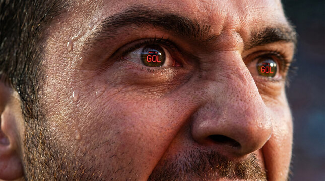 Close up of a sweaty man's face with the word GOL reflected in his eyes