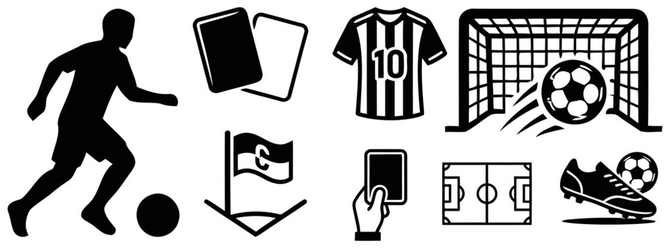 Soccer icons set player jersey goal equipment and mobile app graphics
