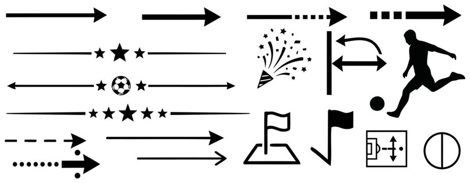 Black and white soccer elements collection with arrows and celebration graphics