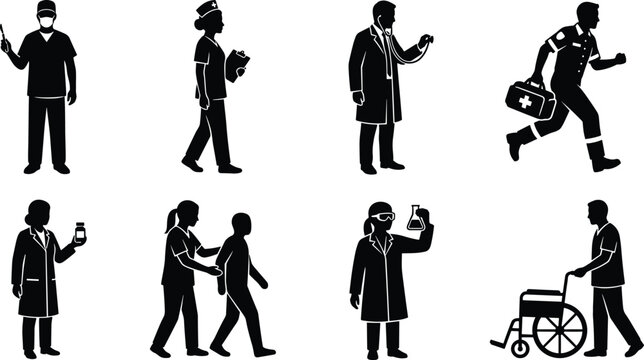 Collection of healthcare professional silhouettes featuring doctors, nurses, surgeons, scientists, and paramedics providing essential patient care