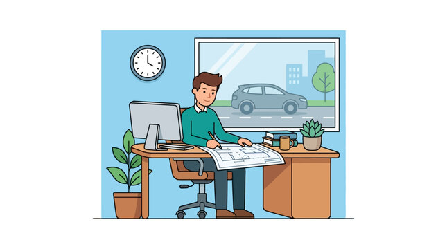 A diligent young architect focuses on drawing professional floor plans while sitting comfortably at his desk inside an office environment during a productive afternoon of creative technical work