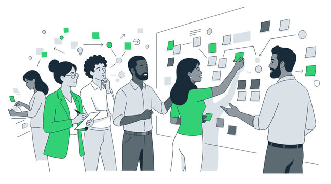 A dedicated group of professional employees gather together to share creative thoughts and organize strategic business plans on a large board while brainstorming effective new corporate growth