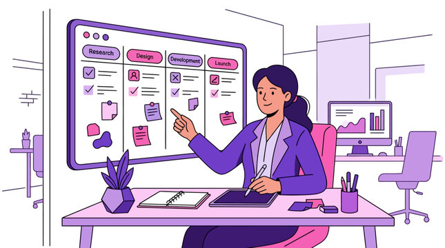 A professional woman manages her digital tasks on a large wall board while sitting at a desk with a stylus pen to ensure team productivity remains high throughout the entire corporate workday