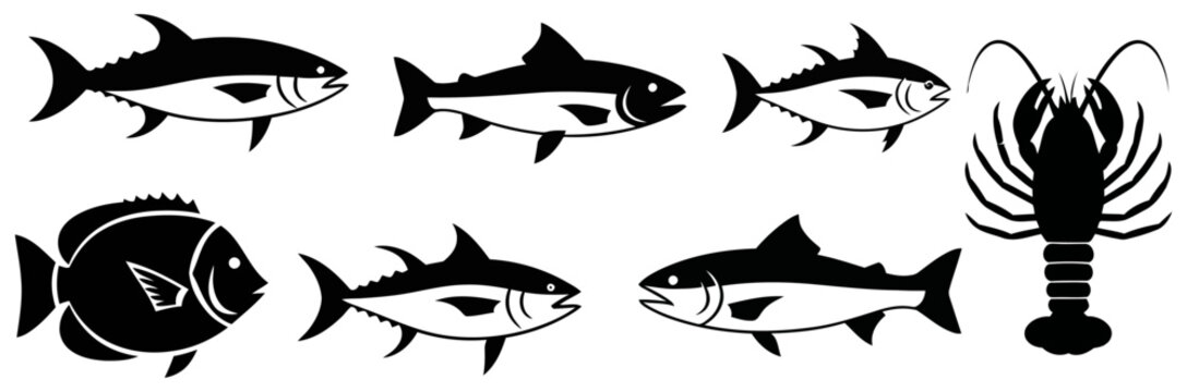 Black silhouette seafood collection tuna lobster and anglerfish vector graphics