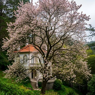 A large tree with pink blossoms in front of white house