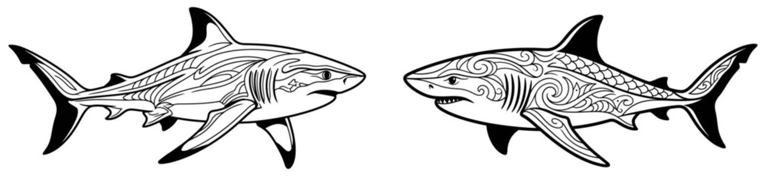 Two great white sharks with intricate tribal tattoo style designs