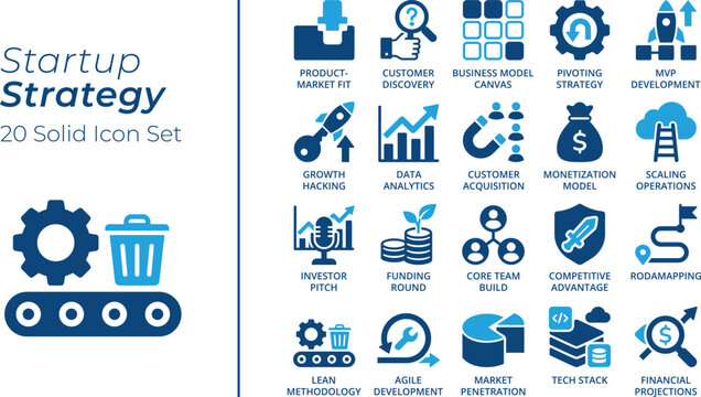 Startup Strategy 20 Solid Icon Set. Investor Pitch, Data Analytics, Business Development, Funding, and Growth Launch Blue Icons
