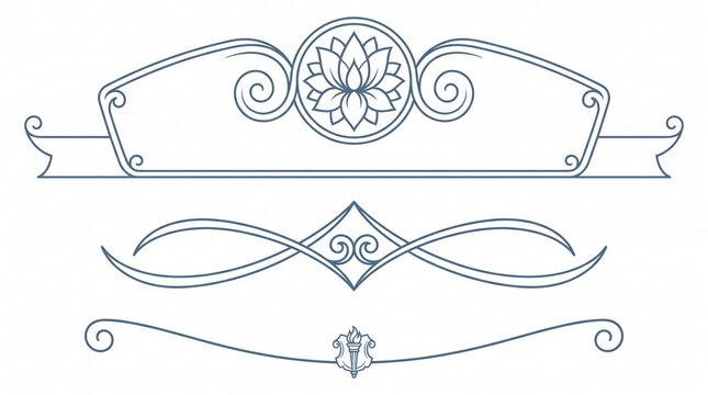 Elegant decorative borders and dividers with lotus flower and torch motifs in blue line art