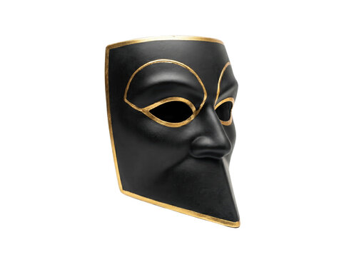 Venetian Bauta Mask in Matte Black with Gold Trim Isolated on Black Background for Carnival Costume Marketing and Cultural History Education
