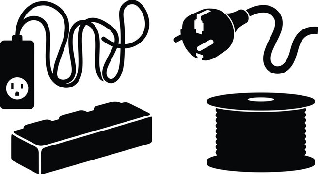  Heavy duty electrical extension cord vector icon set with schuko power plug cable spool reel and terminal block symbols
