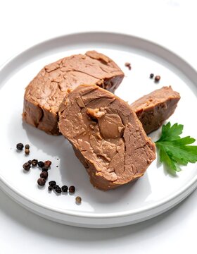 A plate of sliced brown meat garnished with herbs and peppercorns