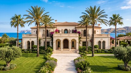 Obraz premium Luxurious coastal mansion surrounded by lush tropical landscaping