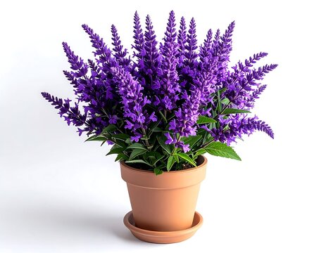 A potted plant with vibrant purple flowers and green leaves