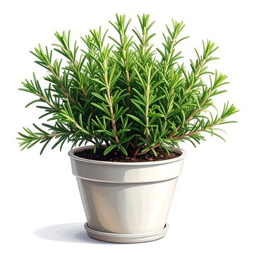 A potted green plant with needle-like leaves in a white pot