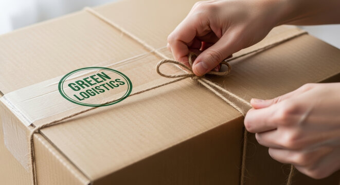 Eco friendly packaging circular economy initiatives promote sustainable shipping with natural fiber string tied around cardboard box for green
