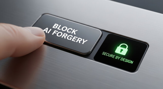 Finger pressing button with text block AI forgery and secure by design icon representing deepfake detection technology for security