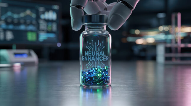 Neural enhancer vial with glowing microchips held by robotic hand futuristic laboratory setting, symbolizing advanced technology and AI innovation