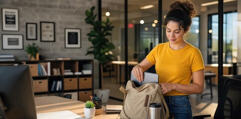 Fototapeta premium Generative AI, Young Latina woman packing laptop into backpack at modern office