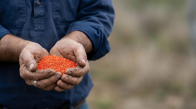 Farmer holding handful of red lentils or seeds in cupped hands outdoors, agricultural harvest and crop production concept for farming industry.