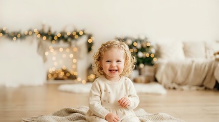 Fototapeta premium Toddler girl with curly blonde hair, approximately 1-2 years old, wearing cream-colored clothing, sitting on wooden floor with festive garland and bokeh lights in background for holiday portraits.