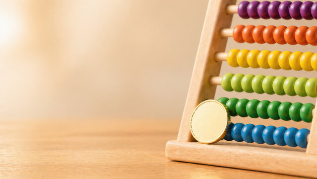 Wooden abacus with colorful beads and gold coin on wooden surface symbolizing savings and plan for financial growth and education