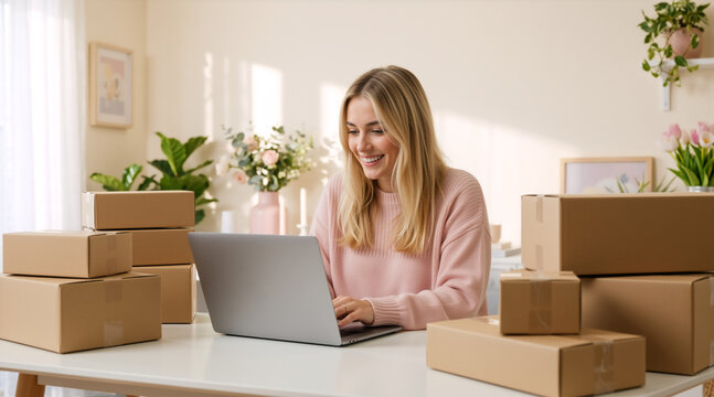 Smiling young businesswoman working on laptop at desk with shipping boxes. Happy female entrepreneur managing online store orders from home office
