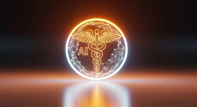 AI eldercare concept with glowing medical symbol and network connections in futuristic digital healthcare technology design