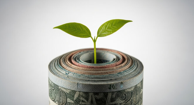 Young green plant growing from rolled banknote symbolizing finance risk and climate growth