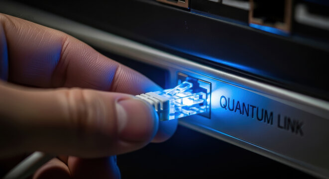 Quantum link network cable connection with glowing blue light and cybersecurity concept for digital threats protection