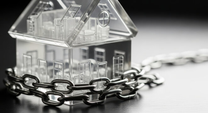 Transparent house model wrapped in metal chain symbolizes corporate debt levels restricting property ownership and financial freedom in business
