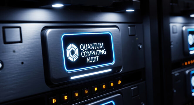 Quantum computing audit screen on server hardware in dark room showing cybersecurity and quantum threats concept